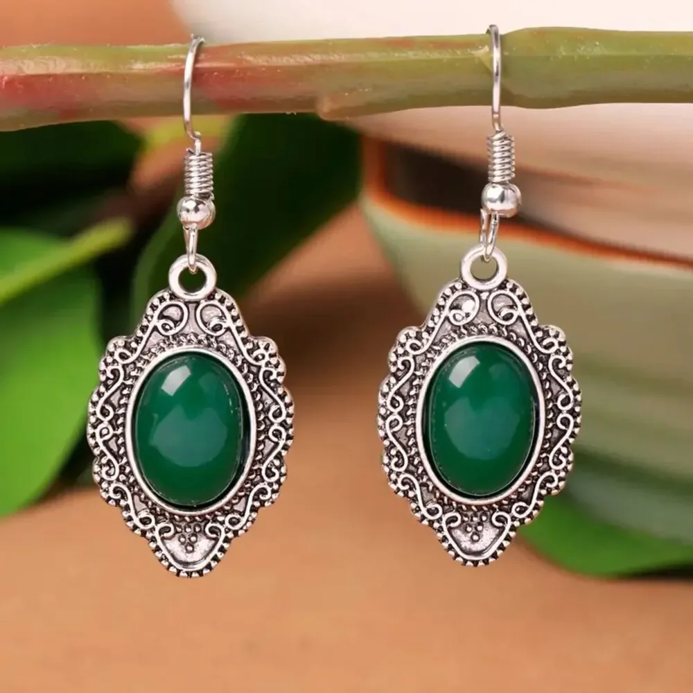 Oval Green Gemstone Silver Drop Pendant Earrings Dangle Filigree Charm Retro